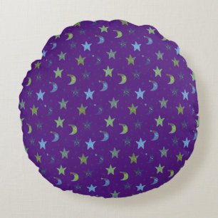 Whimsical Stars and Moons on Purple   Round Pillow