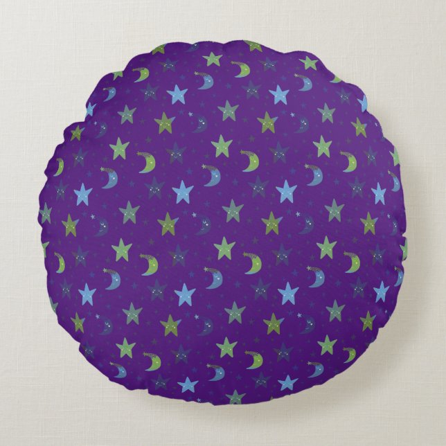 Whimsical Stars and Moons on Purple   Round Pillow (Front)