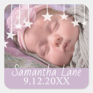 Whimsical Stars New Baby Name and Date Square Sticker
