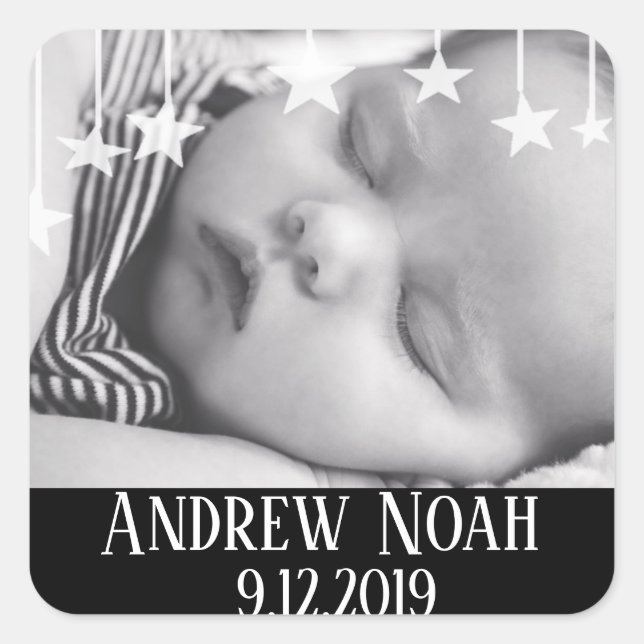 Whimsical Stars New Baby Name and Date Square Sticker (Front)