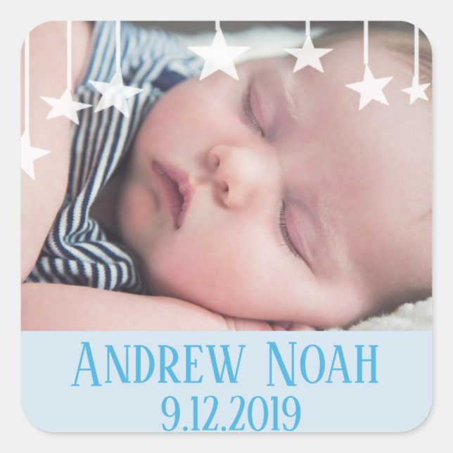 Whimsical Stars New Baby Name and Date Square Sticker (Front)
