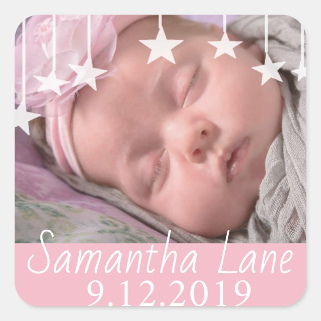 Whimsical Stars New Baby Name and Date Square Sticker (Front)