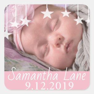 Whimsical Stars New Baby Name and Date Square Sticker