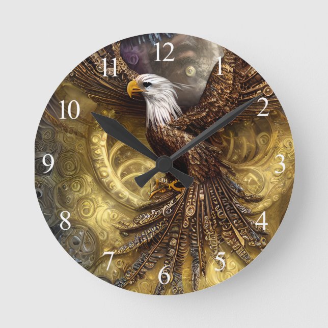 Whimsical steampunk charming eagle round clock (Front)