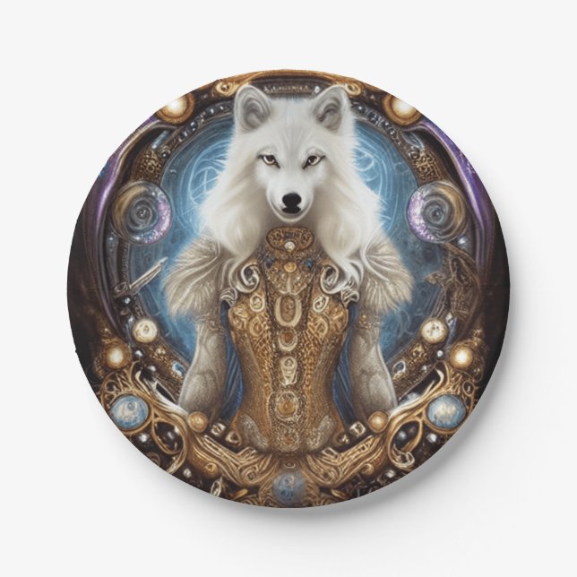 Whimsical steampunk charming white wolf  paper plate (Front)