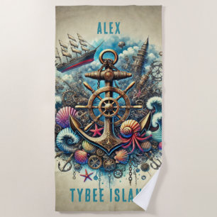 WHIMSICAL STEAMPUNK DEEP SHIPS WHEEL/ANCHOR BEACH TOWEL