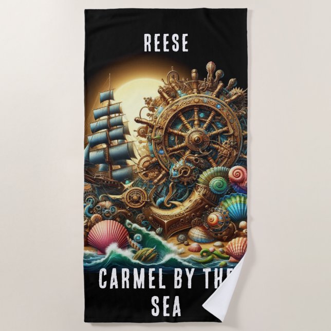 WHIMSICAL STEAMPUNK DEEP SHIPS WHEEL BEACH TOWEL (Front)