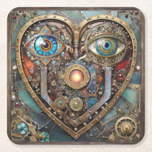 Whimsical Steampunk Heart I See You I Love You Square Paper Coaster