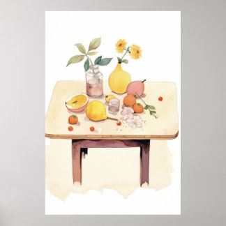 Whimsical Still Life with Fruits and Blossoms Poster