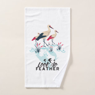 Whimsical Stork Pun Art - 'Look No Feather' Hand Towel