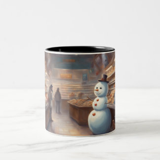 Whimsical Storybook Snowman in a grocery store Two-Tone Coffee Mug