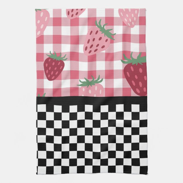 Whimsical Strawberries and Chequerboard  Kitchen Towel (Vertical)