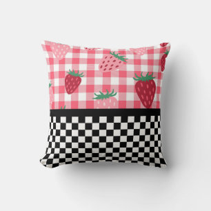 Whimsical Strawberries and Chequerboard Throw Pillow