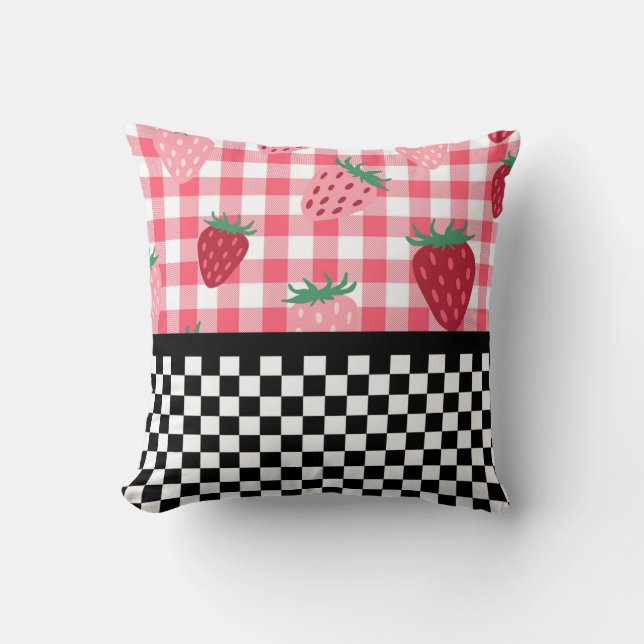 Whimsical Strawberries and Chequerboard Throw Pillow (Front)