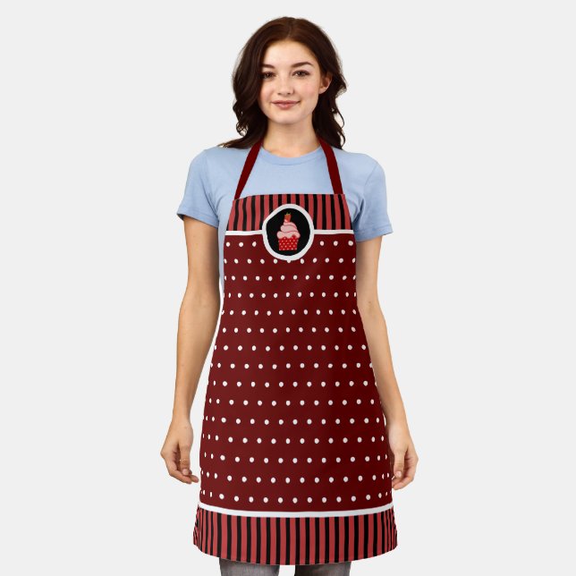 Whimsical Strawberry Cupcake Polka Dot Stripe Apron (Worn)