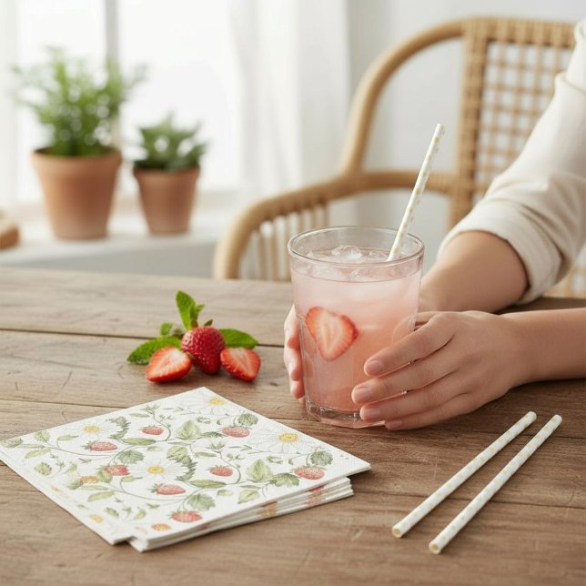 Whimsical Strawberry Daisy Floral Print Napkins (Creator Uploaded)
