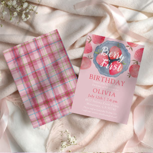 Whimsical Strawberry Pink 1st Birthday Watercolor  Invitation