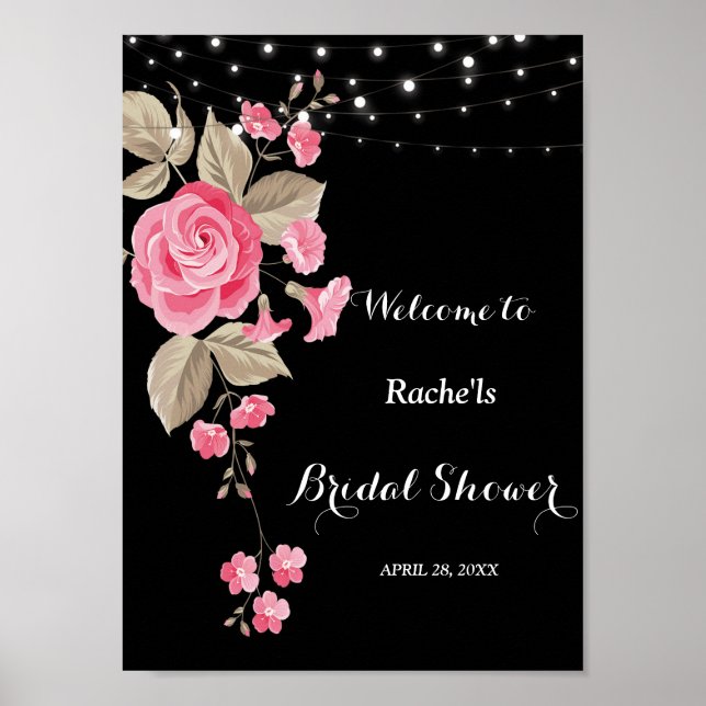 Whimsical String Lights Black Bridal Shower Poster (Front)