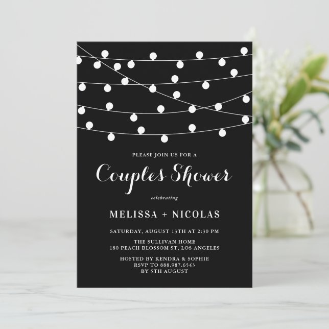 Whimsical String Lights Black Couples Shower Invitation (Standing Front)