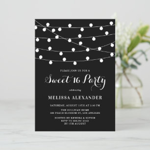 Whimsical String Lights Black Sweet 16 Party Invitation