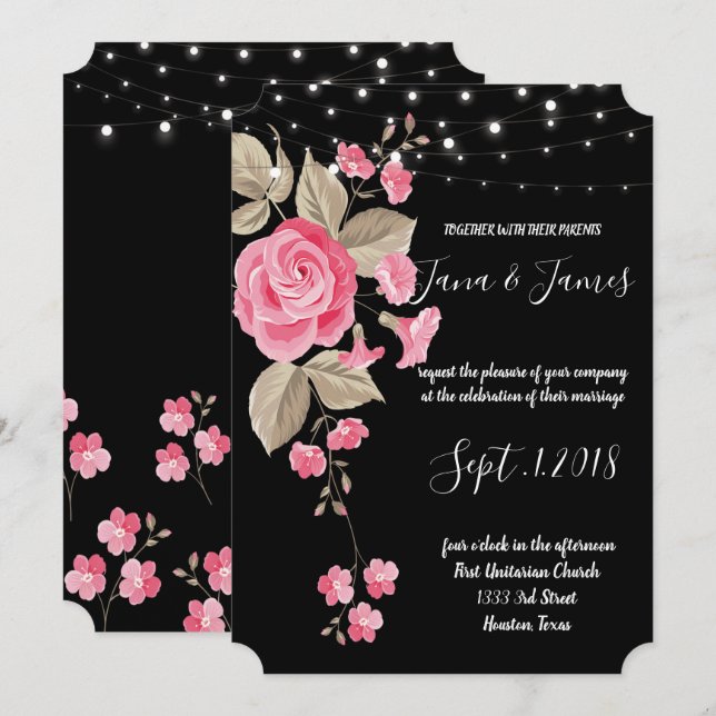 Whimsical String Lights Black wedding Invitation (Front/Back)