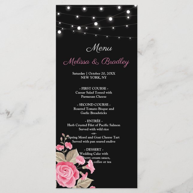 Whimsical String Lights Black   Wedding Menu (Front)
