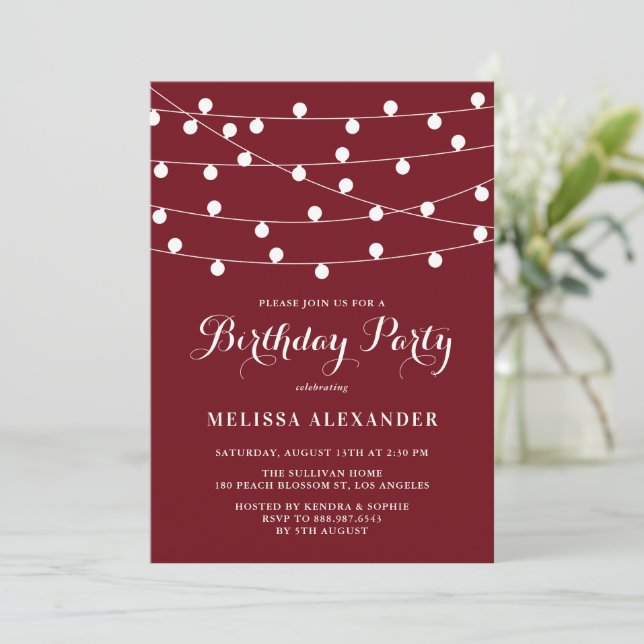 Whimsical String Lights Burgundy Birthday Party Invitation (Standing Front)