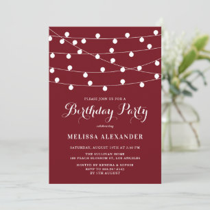 Whimsical String Lights Burgundy Birthday Party Invitation