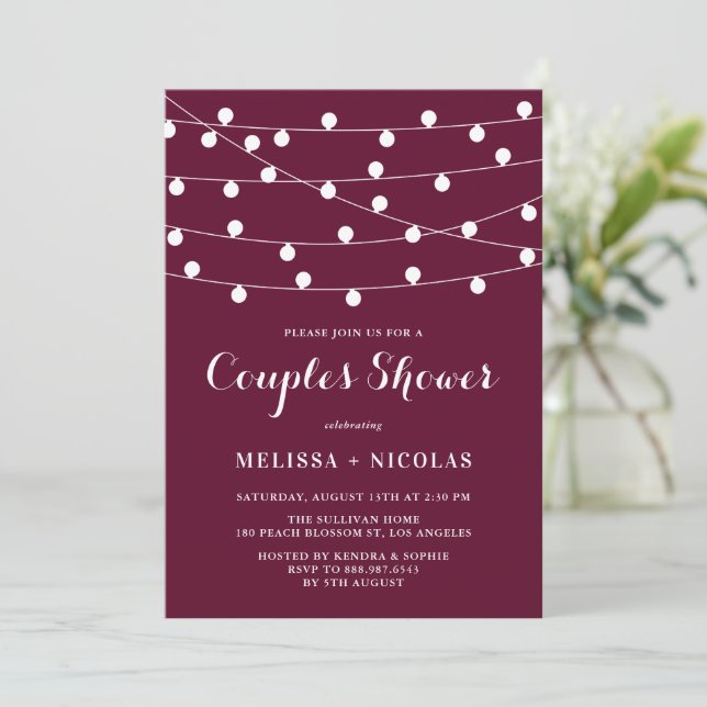 Whimsical String Lights Burgundy Couples Shower Invitation (Standing Front)