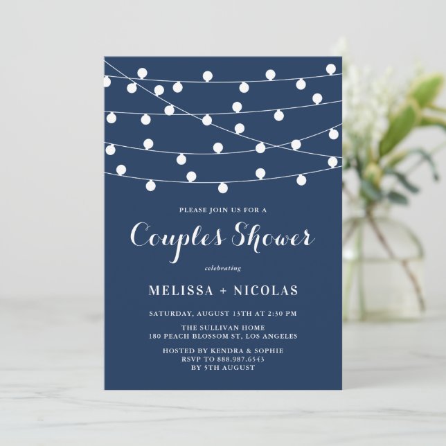 Whimsical String Lights Navy Blue Couples Shower Invitation (Standing Front)