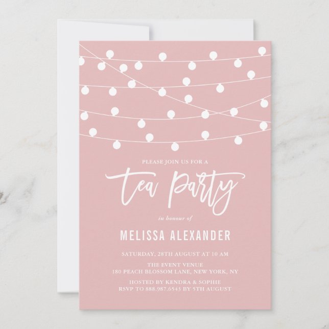 Whimsical String Lights Pink Tea Party Invitation (Front)