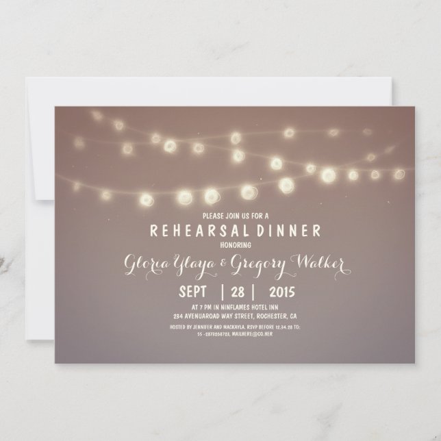 whimsical string lights rehearsal dinner invites (Front)