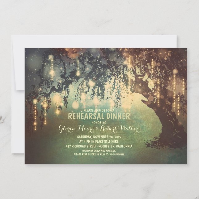whimsical string lights tree rehearsal dinner invitation (Front)
