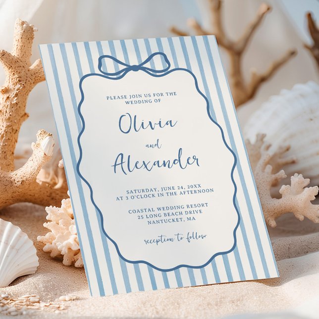 Whimsical Stripe Bow Dusty Blue Ivory Wedding Invitation (Creator Uploaded)
