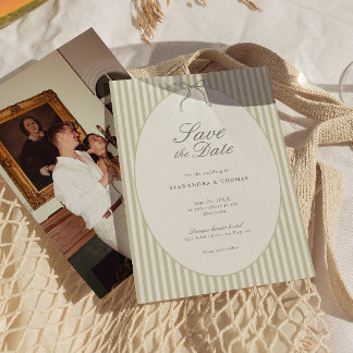 Whimsical Stripe Green Wedding Save the Date Invitation