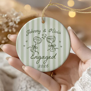 Whimsical Striped Christmas Engaged Ceramic Ornament