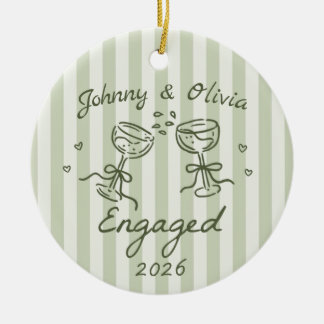 Whimsical Striped Christmas Engaged Ceramic Ornament