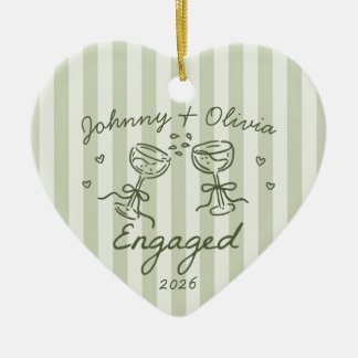 Whimsical Striped Christmas Engaged Ceramic Ornament
