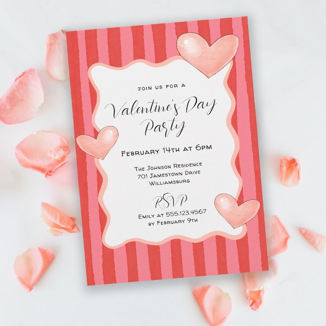 Whimsical Stripes and Hearts Valentines Day Party Invitation (Available in both printed and instant download formats.)