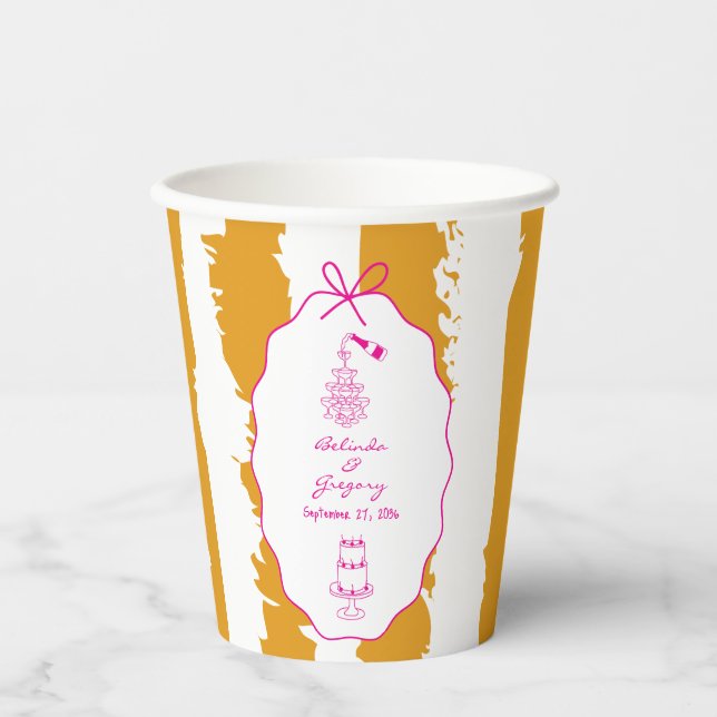 Whimsical Stripes Handwritten Painted Wedding  Paper Cups (Front)