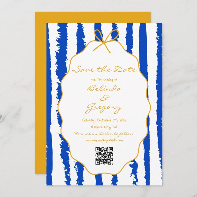 Whimsical Stripes Handwritten Painted Wedding  Save The Date (Front/Back)