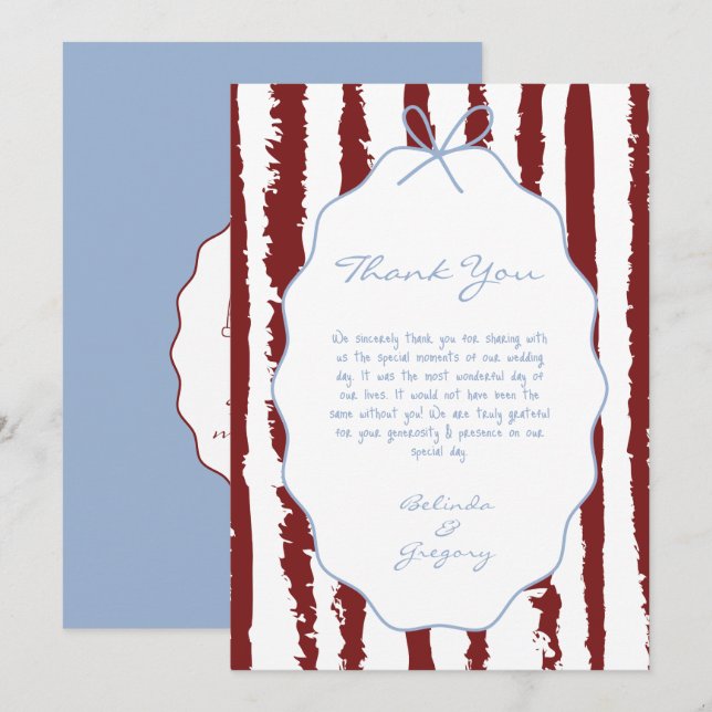 Whimsical Stripes Handwritten Painted Wedding  Thank You Card (Front/Back)