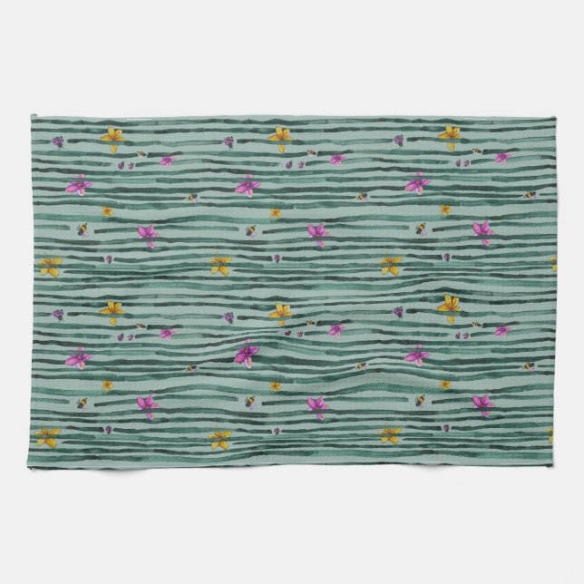 Whimsical stripes with flowers kitchen towel (Horizontal)