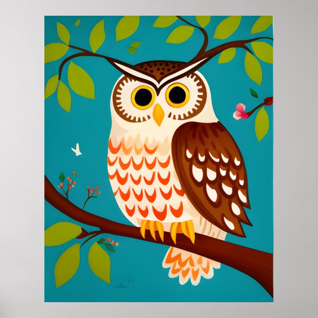 Whimsical Style Painting of an Owl On A Tree Poster (Front)