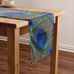 Whimsical Stylish Pretty Peacock Feather Pattern Medium Table Runner