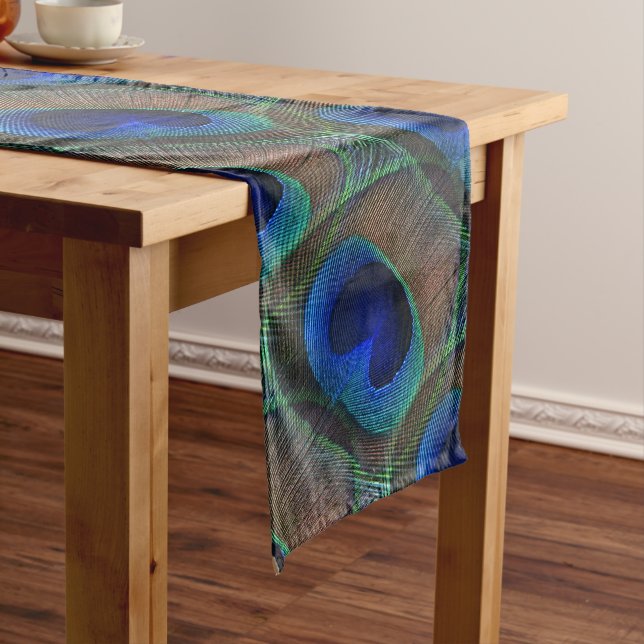 Whimsical Stylish Pretty Peacock Feather Pattern Medium Table Runner (In Situ)