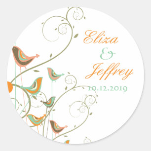 Whimsical Summer Birds Swirls Cute Wedding Sticker