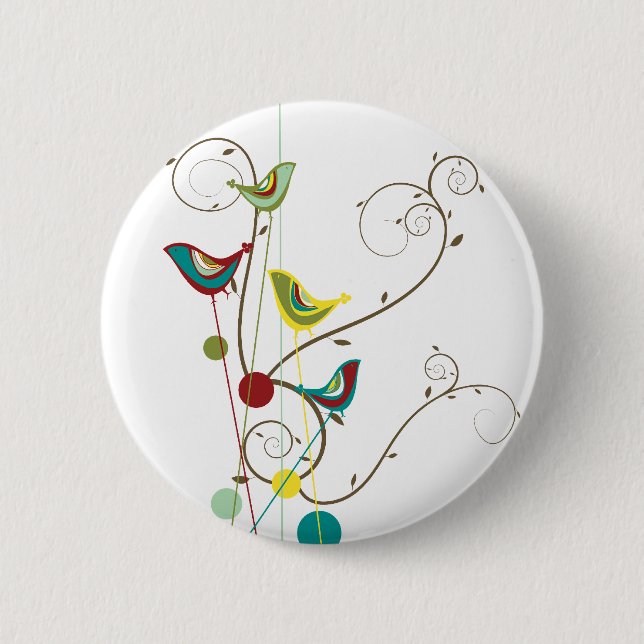 Whimsical Summer Birds Swirls Modern Nature Vines 2 Inch Round Button (Front)