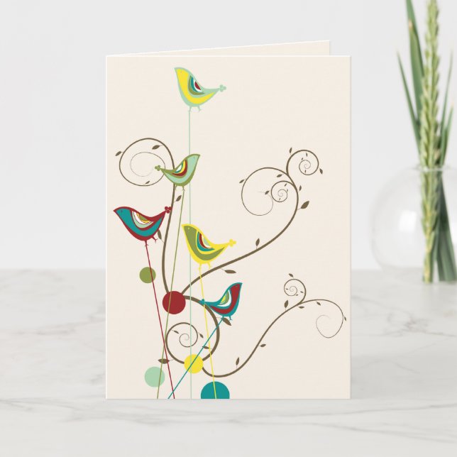 Whimsical Summer Birds Swirls Modern Nature Vines Card (Front)
