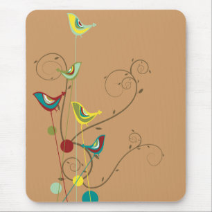 Whimsical Summer Birds Swirls Modern Nature Vines Mouse Pad